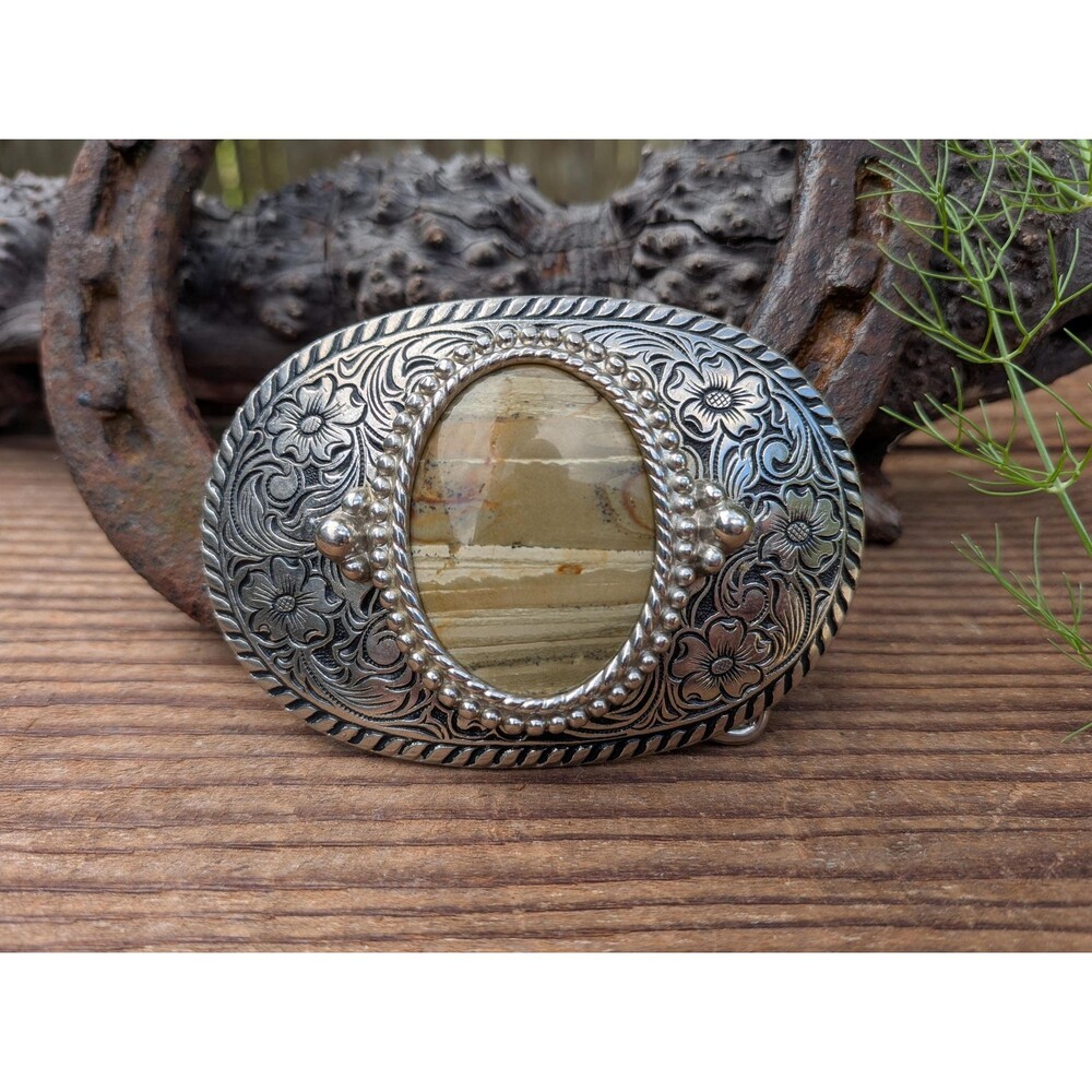 Vintage 80s Jasper Picture Stone Western Belt Buckle – Silver Tone Oval Tooling
